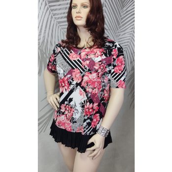 Modern, dinamikus rózsaszín virágmintás molett tunika 