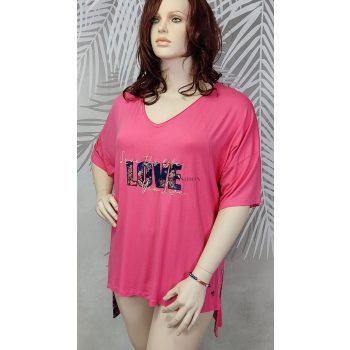   Fiatalos, vidám élénk rózsaszín 'LOVE' feliratú molett tunika 
