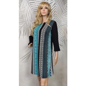 Elegáns nőies türkiz-fekete mintás ruha