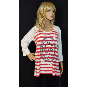 Piros-fehér csíkos csipkedíszes pamut felső 