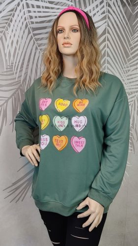 Vidám mintás zöld molett pulóver 