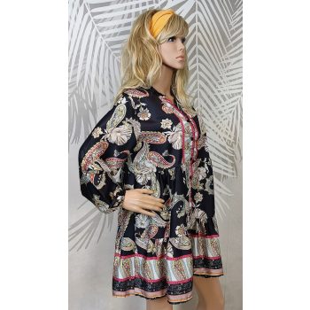 Bohém fekete virágmintás, motívumos tunika 