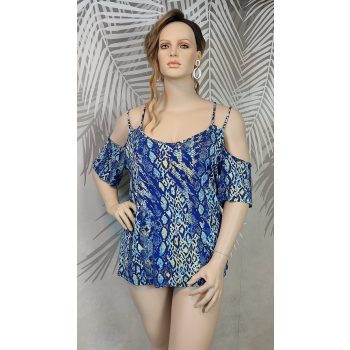 Kék kígyóbőrmintás vállvillantós molett felső 