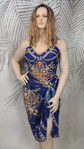 Plus size egyrészes sötétkék fürdőruha strandkendővel 