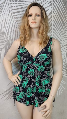 Fekete-zöld virágmintás plus size tankini szett  