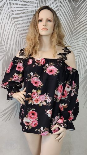 Fekete virágmintás plus size blúz 