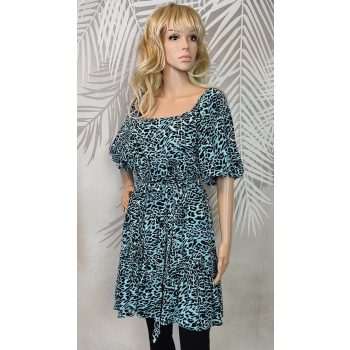 Türkiz alapon fekete leopárdmintás női ruha 44-es méretben, derékon megkötős fazonban, fodros szoknyarésszel – George márkájú, Curvy Fashion kollekció.