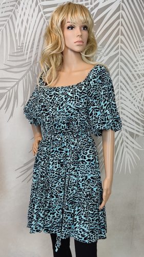 Türkiz alapon fekete leopárdmintás női ruha 44-es méretben, derékon megkötős fazonban, fodros szoknyarésszel – George márkájú, Curvy Fashion kollekció.