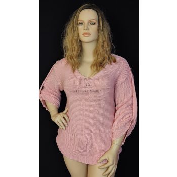 Púderrózsaszín kötött női pulóver 44/46-os méretben, nyitott ujjmegoldással és laza fazonban – Curvy Fashion kollekció.