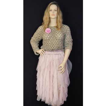 Bézs horgolt mintás Atmosphere női pulóver 48-as méretben, romantikus, áttört kötésmintával – Curvy Fashion kollekció.