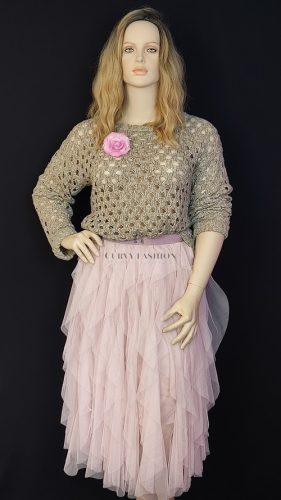 Bézs horgolt mintás Atmosphere női pulóver 48-as méretben, romantikus, áttört kötésmintával – Curvy Fashion kollekció.