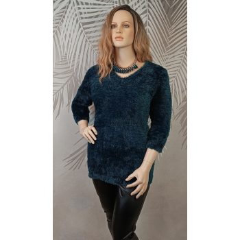Bolyhos tapintású női pulóver F&F 46 – hosszított fazon, elegáns zöld árnyalat