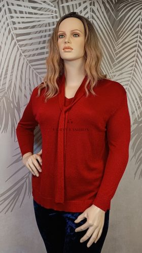 Piros kötött pulóver sálgallérral 46/48 – Isle – Curvy Fashion molett felső