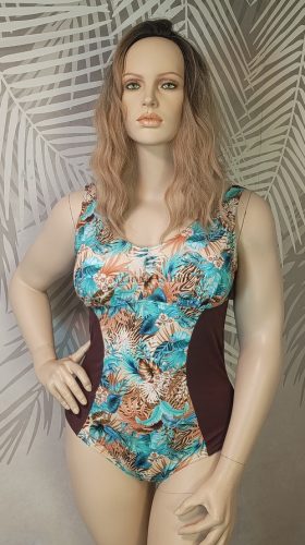 Türkiz trópusi mintás alakformáló egyrészes fürdőruha – Curvy Fashion 46/48-s méret 