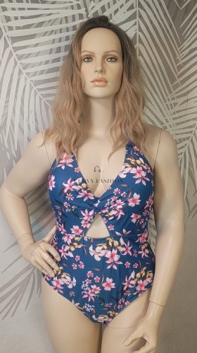 Sötétkék virágmintás kivágott egyrészes fürdőruha – Curvy Fashion 50/52-es méret 